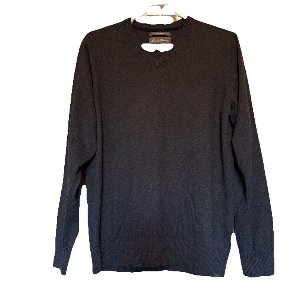 Eddie Bauer Cotton Cashmere V-Neck Gray Sweater, Men LT Gray Preppy‎ Academic